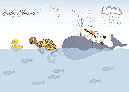 鱼咬羊婴儿淋浴通知浴缸鸭子派对生日服饰洗礼邀请函广告鲸鱼框架插画