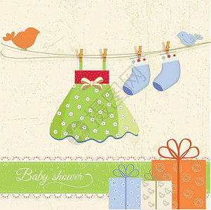 婴儿女孩公告喜悦插图鸟类裙子礼物幸福邀请函金属袜子背景图片