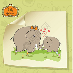 欢迎卡片婴儿大象及其母亲的婴儿淋浴卡耳朵感情乐趣鼻子童年动物尾巴插图涂鸦新生插画