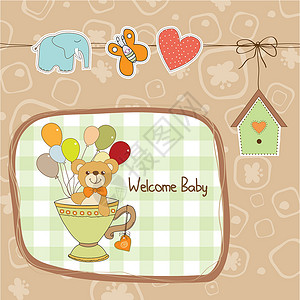 生日气球卡片带有可爱泰迪熊的婴儿淋浴卡微笑庆典派对淋浴玩具熊新生主义者孩子礼物卡片插画