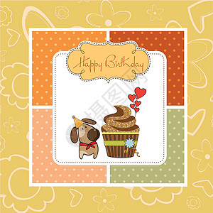 带心型的蛋糕带纸杯蛋糕和小狗的贺卡巧克力幸福食物糖果周年纪念日乐趣喜悦插图邀请函插画