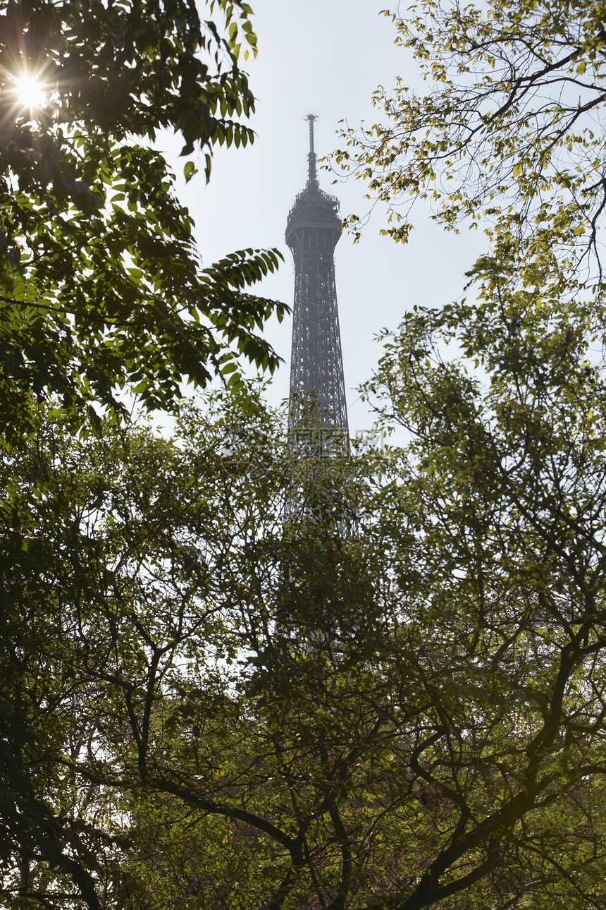 透过法国巴黎的天空与树木对面观测艾菲尔塔(Eiffel Tall)图片