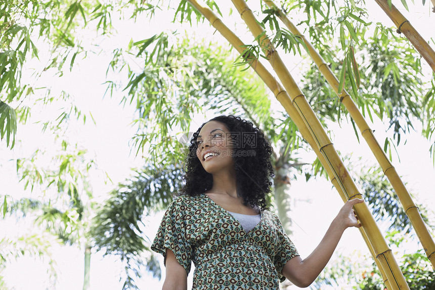 在竹林中微笑的年轻非裔美国女人 长在竹林里图片