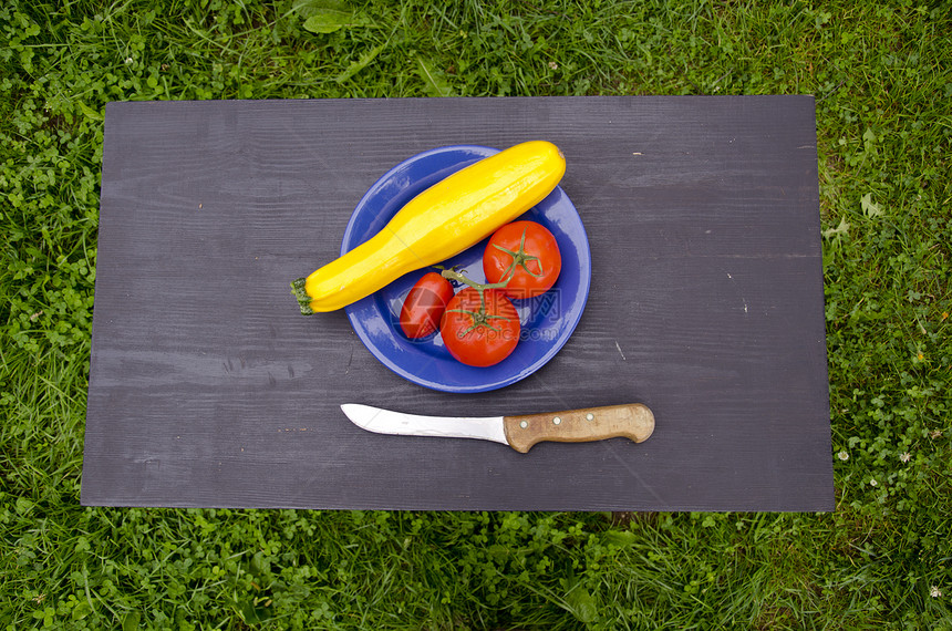 在花园的黑桌上用蓝色盘子蔬菜图片
