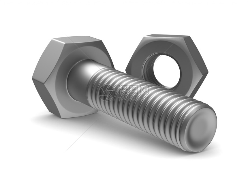 白色背景上的布尔特和坚果 孤立的 3D 图像技术螺丝螺纹紧固件工程工作金属服务别针合金图片