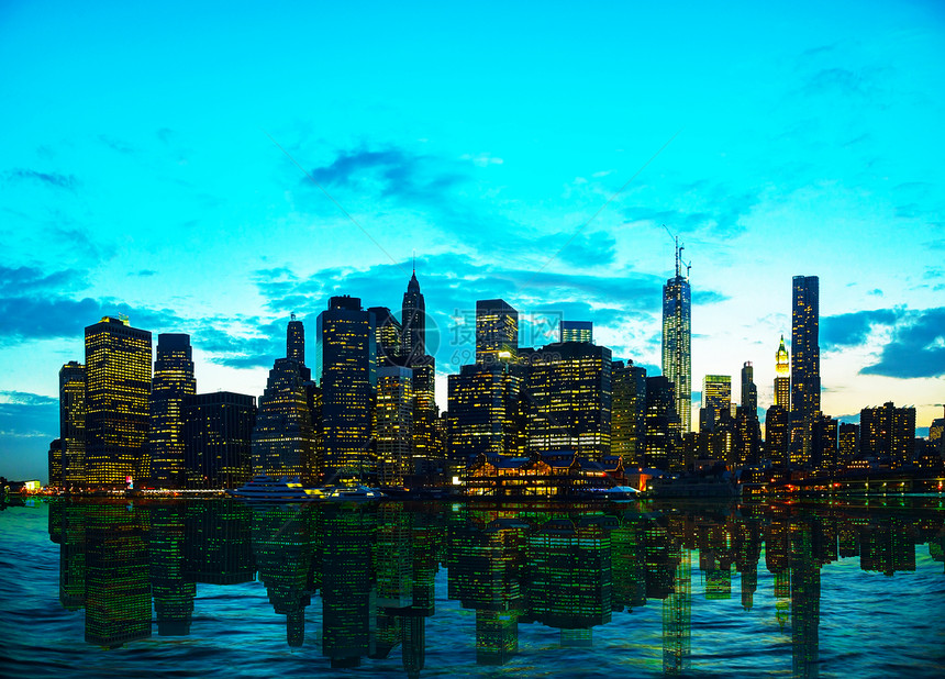 日落时纽约市市风景市中心金融码头摩天大楼天空都市景观城市建筑学天际图片