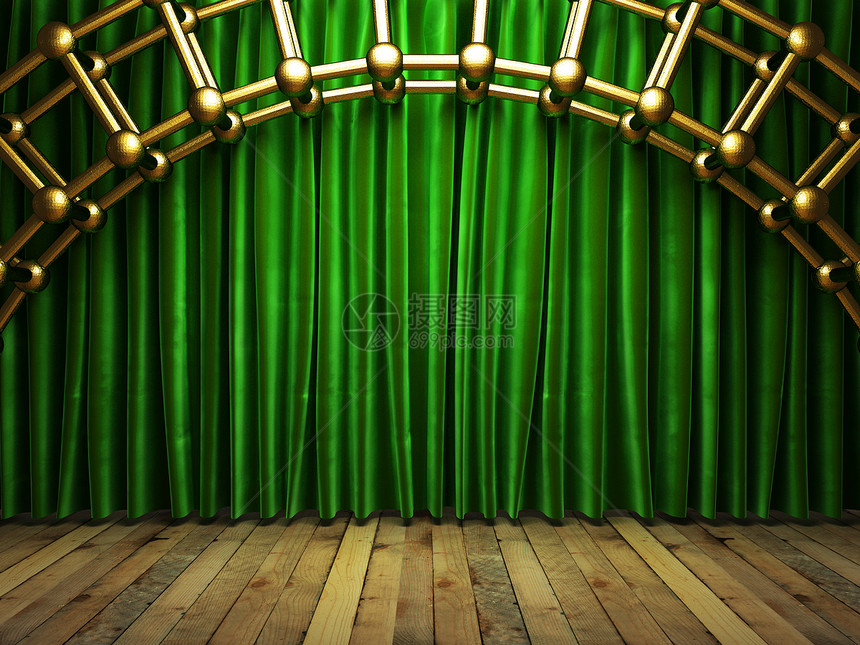 舞台上的绿布幕展览展示奢华画廊马戏团歌剧皇家绿色衣服织物图片