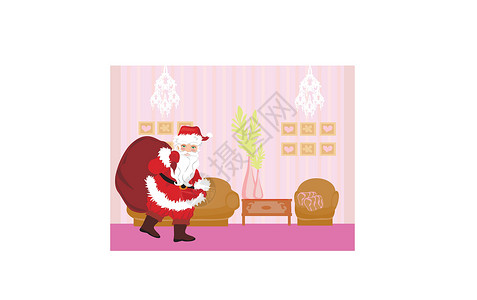 圣诞老人克劳斯带一袋礼物的桑塔克劳斯装饰品季节卡通片庆典枝形胡须房间星星男性传统插画