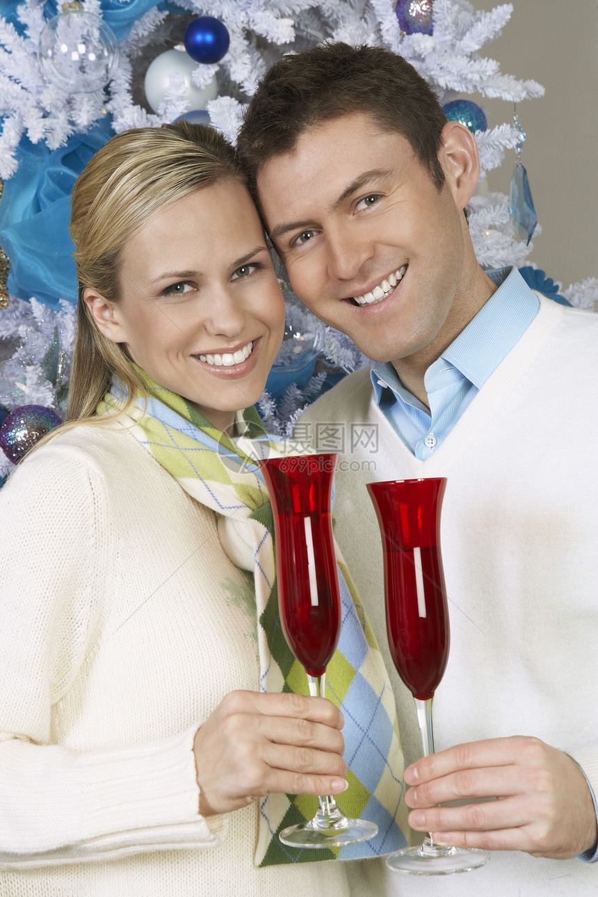 一对快乐的白人夫妇在圣诞树前拿着长笛香槟的肖像图片