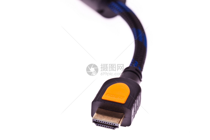 HDMI 白底隔绝的HDMI电缆金子绳索电子产品安装界面数据控制板音乐蓝光视频图片