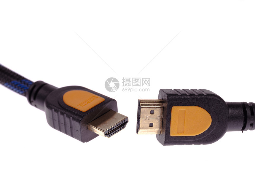 HDMI 白底隔绝的HDMI电缆电子产品界面安装数据白色金子金属电视音乐蓝色图片