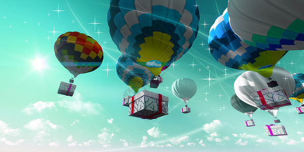 天空中的礼物盒降落伞派对盒子蓝天草地惊喜丝带飞行插图展示背景图片