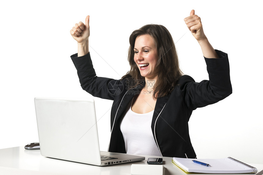 开心的女士在办公室 用拇指举起大拇指商务商业秘书人士老板计算器工人微笑管理人员套装图片