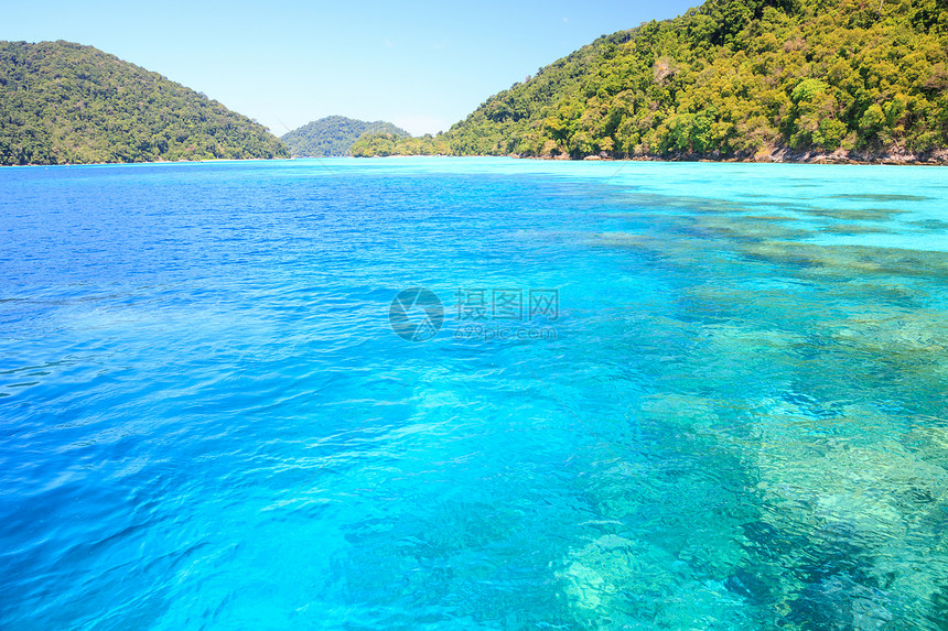 美丽和美丽的海天堂浮潜海洋波纹蓝色天空呼吸管珊瑚海岸叶子图片