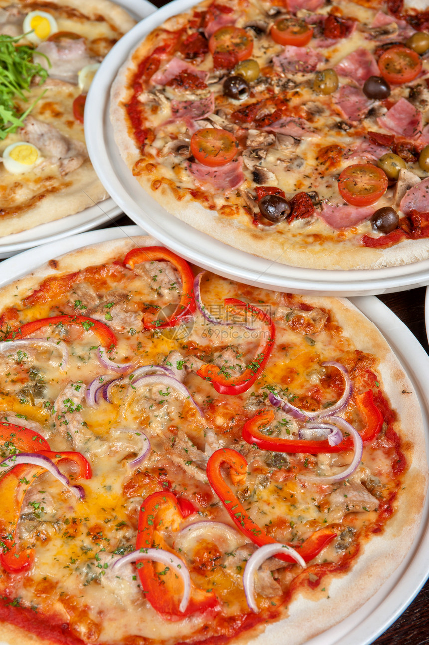 配火腿和蘑菇的比萨营养拼贴画辣椒脆皮蔬菜胡椒菜单午餐餐厅食物图片