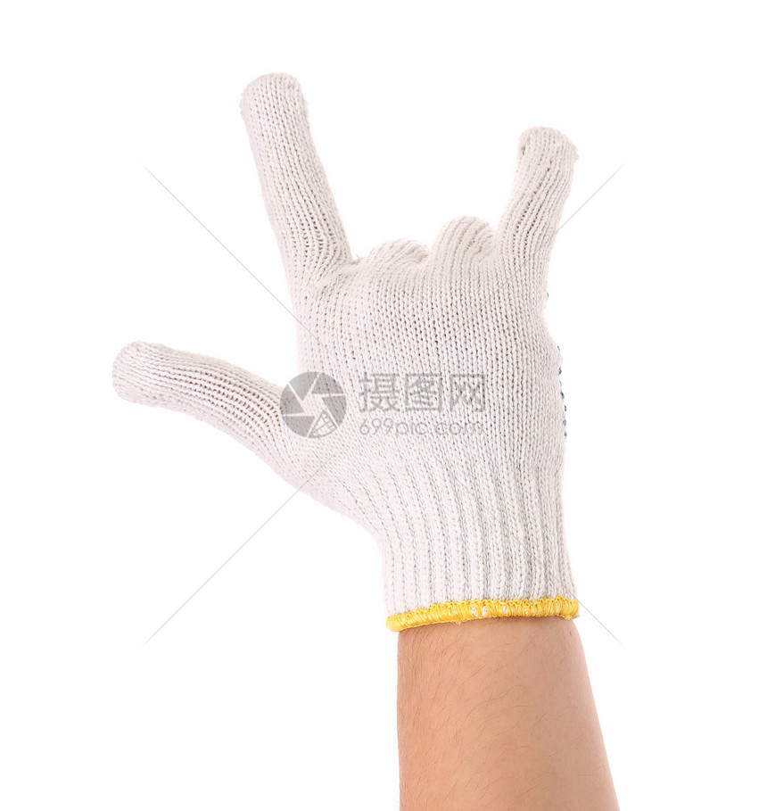 手在手套上显示岩石标志药品手指优胜者织物工具工作服展示家务衣服材料图片