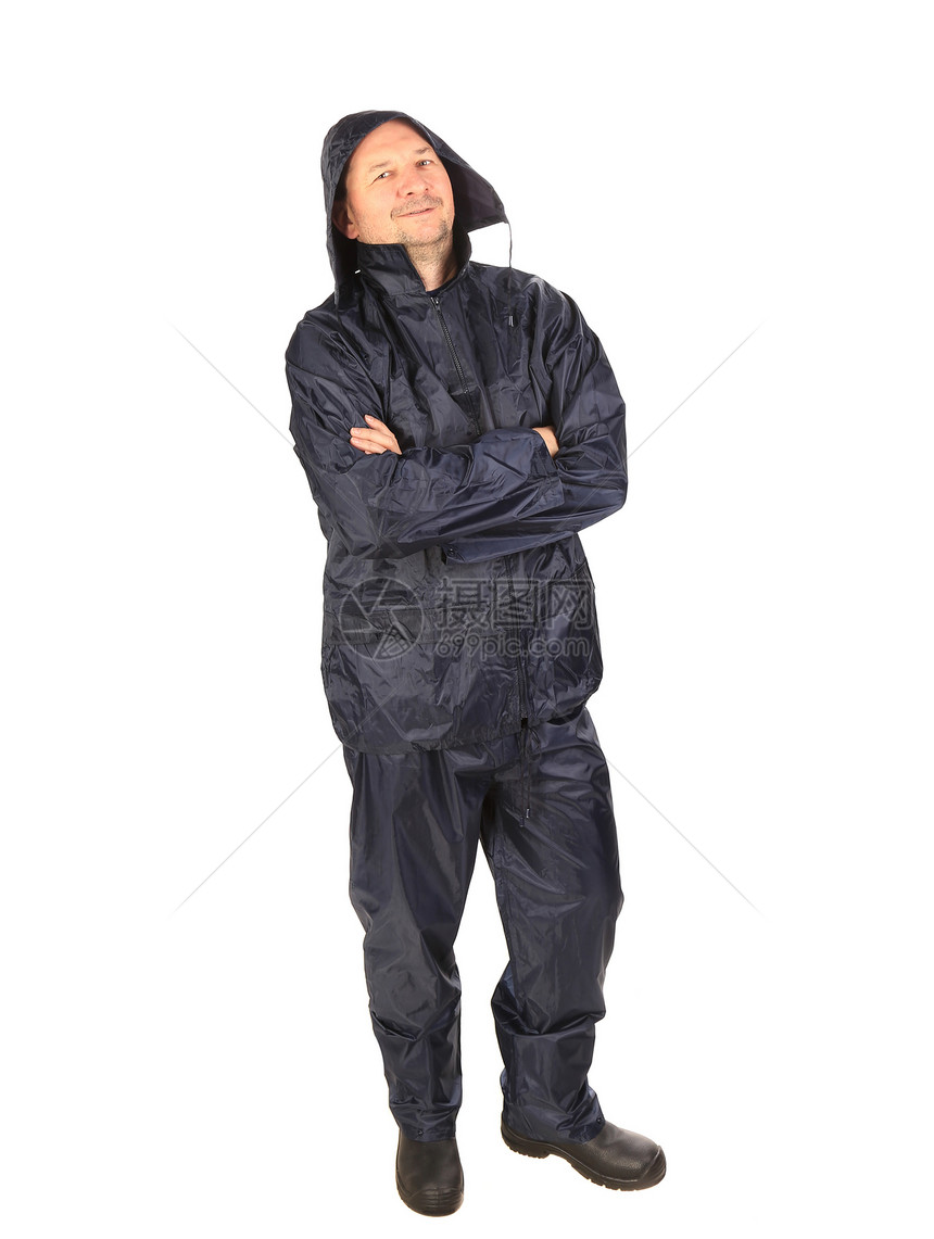 穿着防水衣和头罩的人夹克工作服男性蓝色拉链裤子工作室袖子工人衣领图片