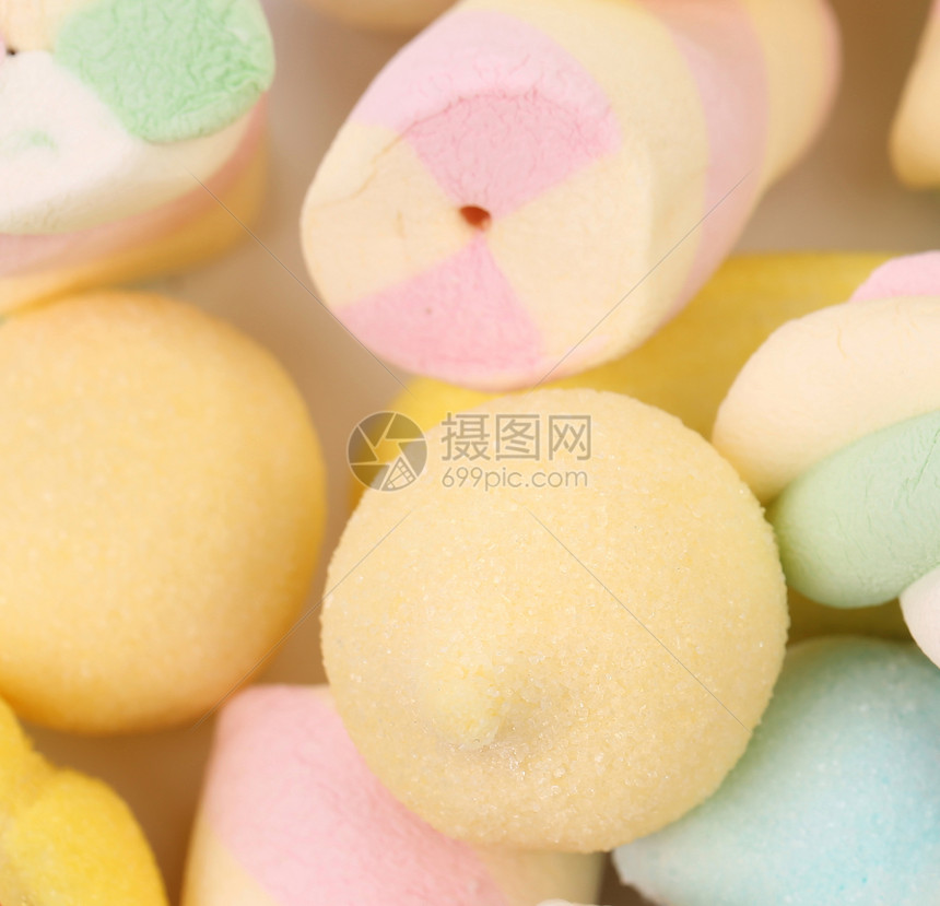 不同颜色的棉花糖黄色甜点乐趣蓝色绿色垃圾水果白色正方形食物图片