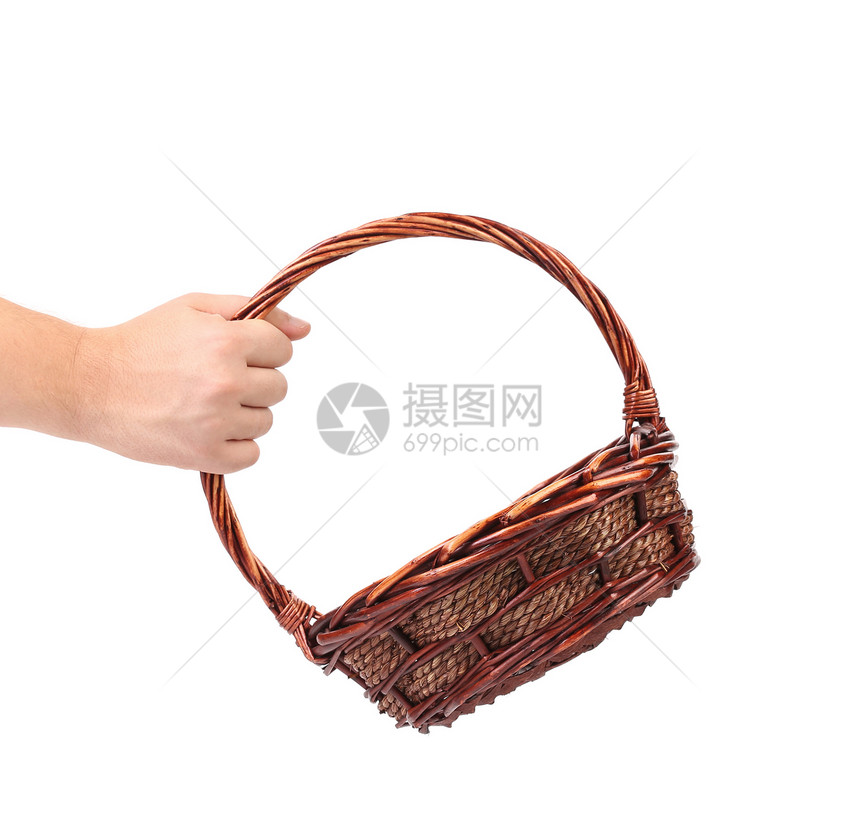 手握旧式编织篮子棕褐色野餐店铺乡村轮缘水果工艺螺旋麻布纤维图片