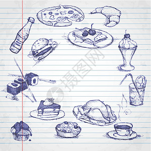 纸托蛋糕一组手绘元素的各种元素涂鸦早餐笔记本食物冰淇淋面包插图馅饼餐厅菜单插画