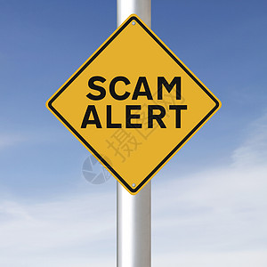 Scam 警报器蓝色黄色天空标志路标危险犯罪钻石警报诈骗背景图片
