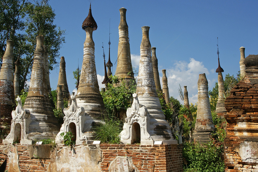Indein 缅甸内莱湖宗教废墟建筑地标全景佛塔宝塔旅游假期纪念碑图片
