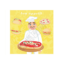 一盘炒蘑菇喜乐厨师提供披萨 简易卡和快餐设计图片