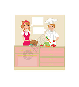 炒杂菜一对厨师准备美味的菜盘饮食烹饪服务食物帽子餐厅女孩工作插图青年设计图片