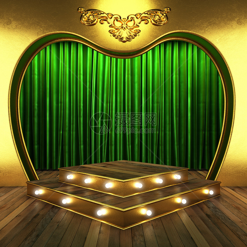 绿色绿布幕 台上有金子织物仪式装饰皇家画廊宣传娱乐天鹅绒马戏团衣服图片