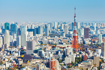 东京城市景观日本东京街道地标建筑公寓市中心交通天际旅行商业蓝色背景