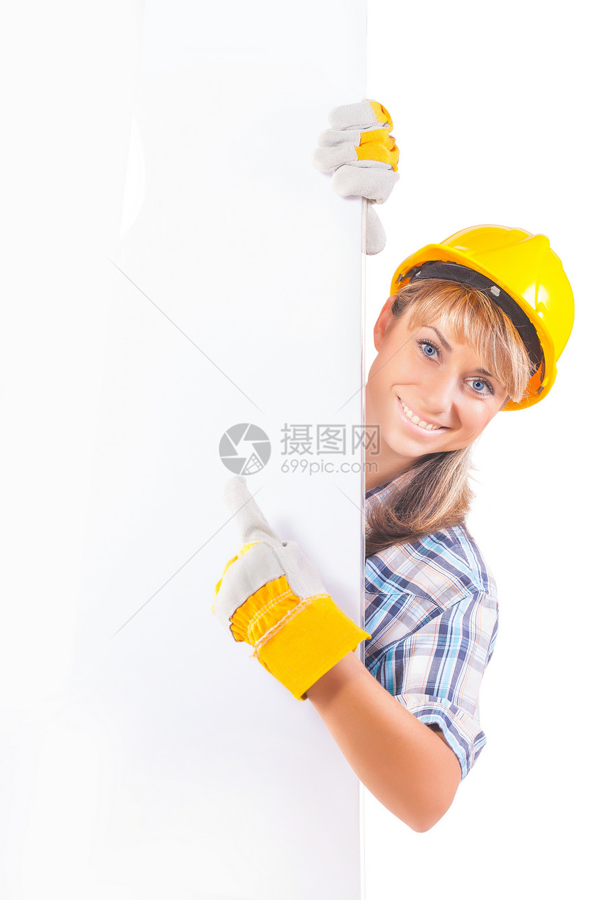 白板与白板隔绝的女建筑施工工人图片