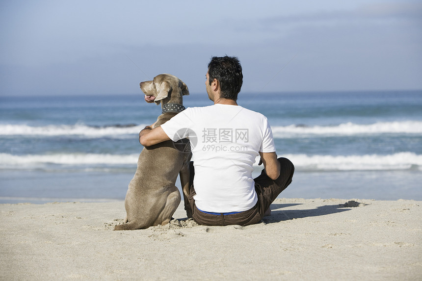 坐在沙滩上的男人和狗的近视波浪孤独友谊逃离沉思男性团结海滩地平线海洋图片