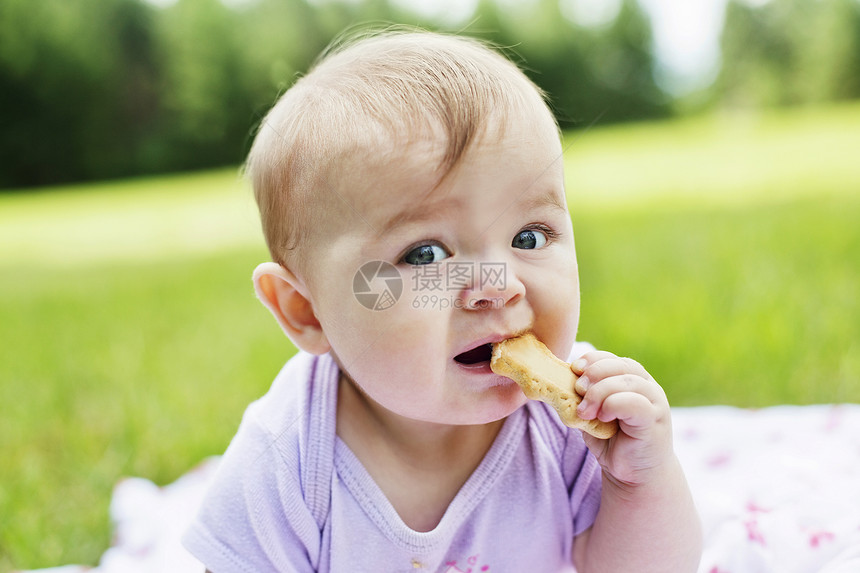 特写正在吃饼干的女婴图片