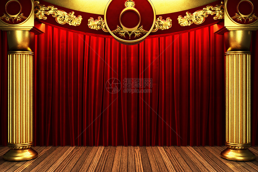 金台的红织布窗帘木头马戏团装饰仪式衣服织物宣传奖项风格歌剧图片