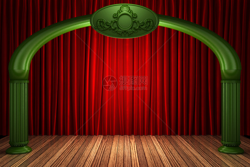 舞台上的红织布窗帘展示歌剧娱乐画廊天鹅绒仪式风格宣传木头出版物图片