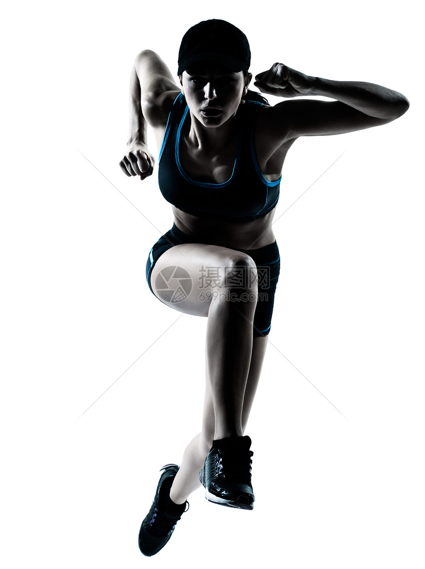 女跑者慢跑者跳环影有氧运动飞跃白色训练女性运动员女士成人跑步慢跑者图片