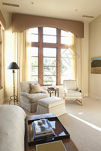 室内奶油起居室窗户窗顶的太阳线地板至天花板背景图片