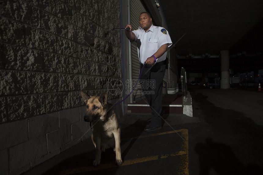 安全警卫在小巷追逐中 配有警犬年轻人男人跑步动物追求成人胡同衬衫图片