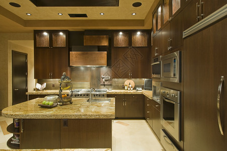 厨房内财富房子一体机建筑烤箱台面聚光灯不锈钢风格外观背景图片