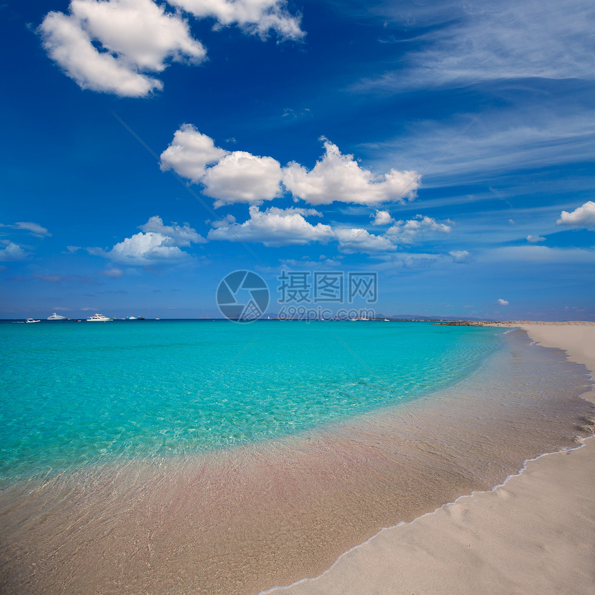 伊比扎附近的热带热带海滩 亚马逊岛假期支撑小岛小女孩旅游晴天天空蓝色天堂地标图片