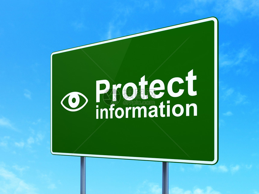 安全概念 保护信息和眼睛在路标背景图片