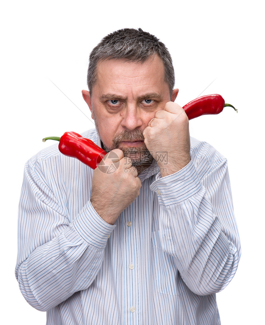 一个红胡椒男人享受植物幸福维生素营养快乐叶子小吃美食食物图片