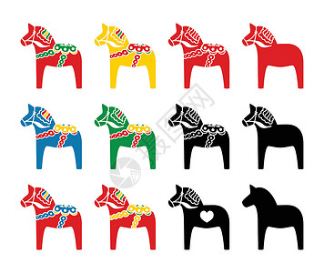 普里马卢纳瑞典达拉马马矢量图标集玩具蓝色手绘动物传统艺术装饰品纪念品民间插图插画