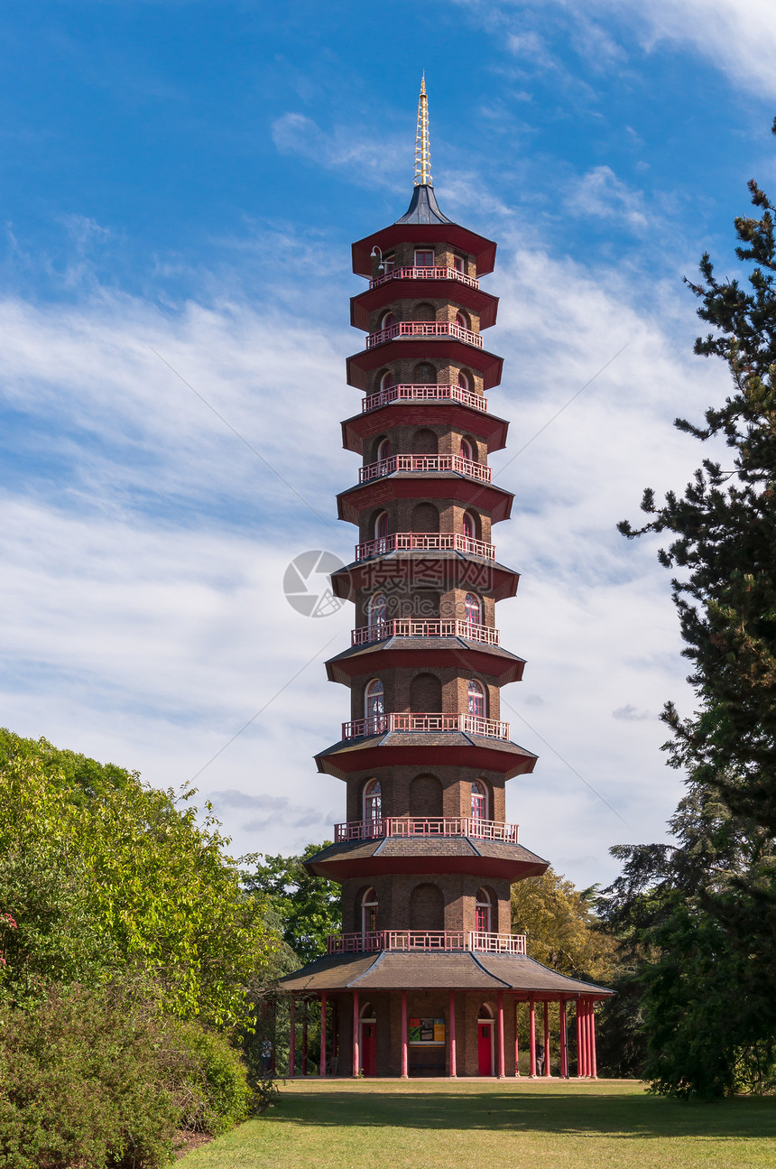 邱园的塔楼植物王国文化花园蓝色绿色草地公园地标建筑图片