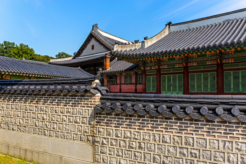 韩国传统建筑朝鲜传统建筑水泥蓝色建筑学丹青天空寺庙植物房子装饰品古董图片