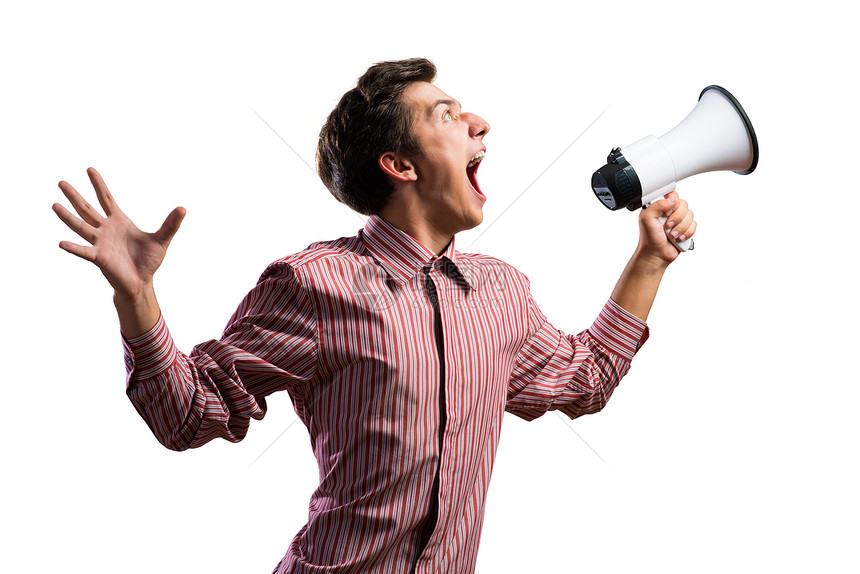 一名年轻人用扩音器喊叫的肖像男性领导者放大器商业企业扬声器管理人员情感老板公告图片