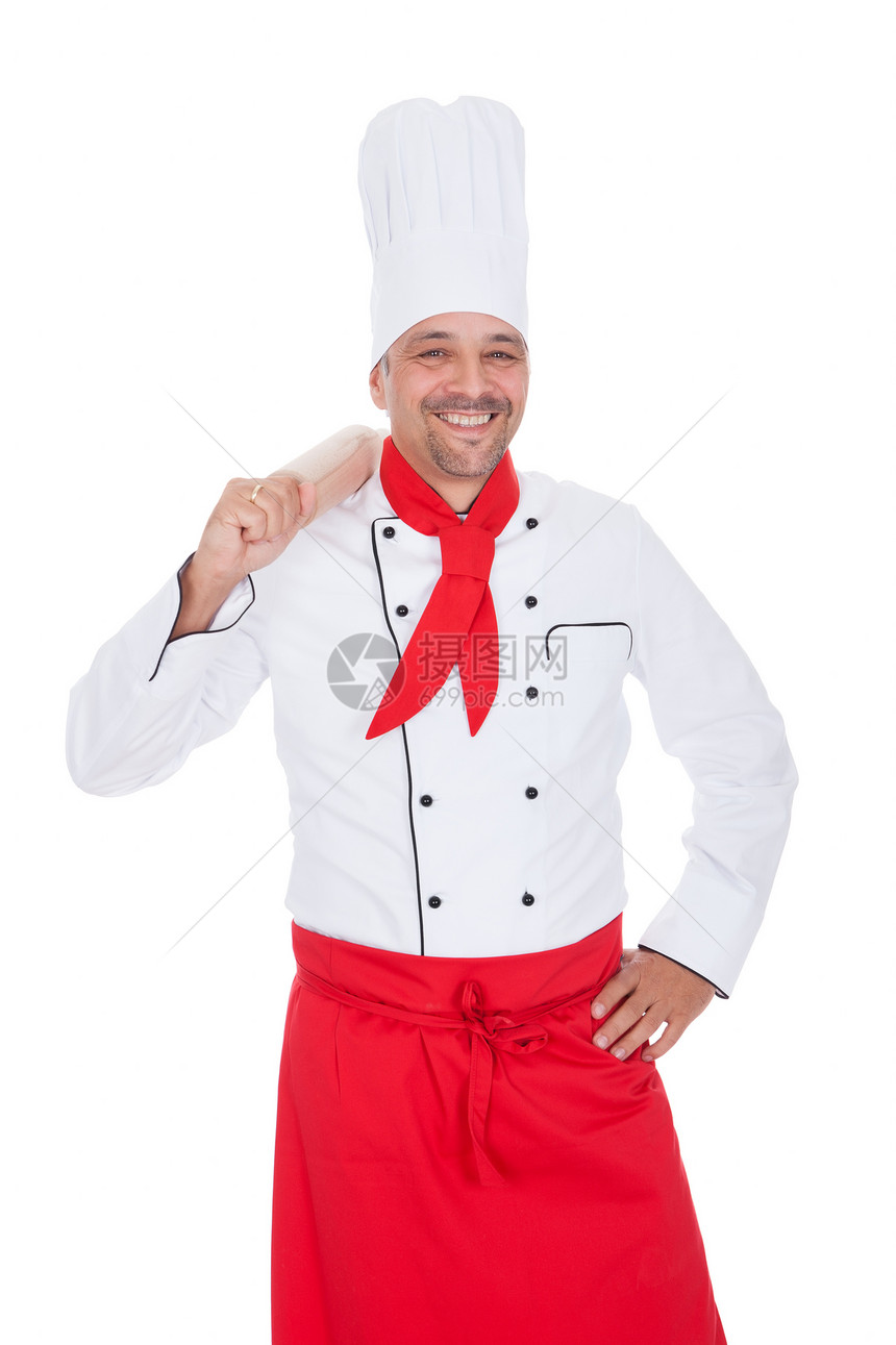 英俊厨师的肖像餐厅职员帽子职业商业工人擀面杖烹饪微笑食物图片
