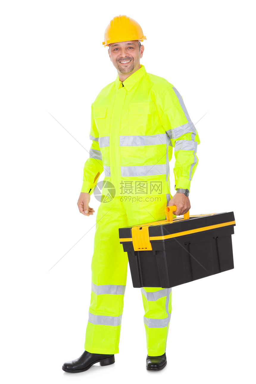 穿安全外套工人的肖像背心管道建筑经理零售商检查员服务建设者工具箱夹克图片