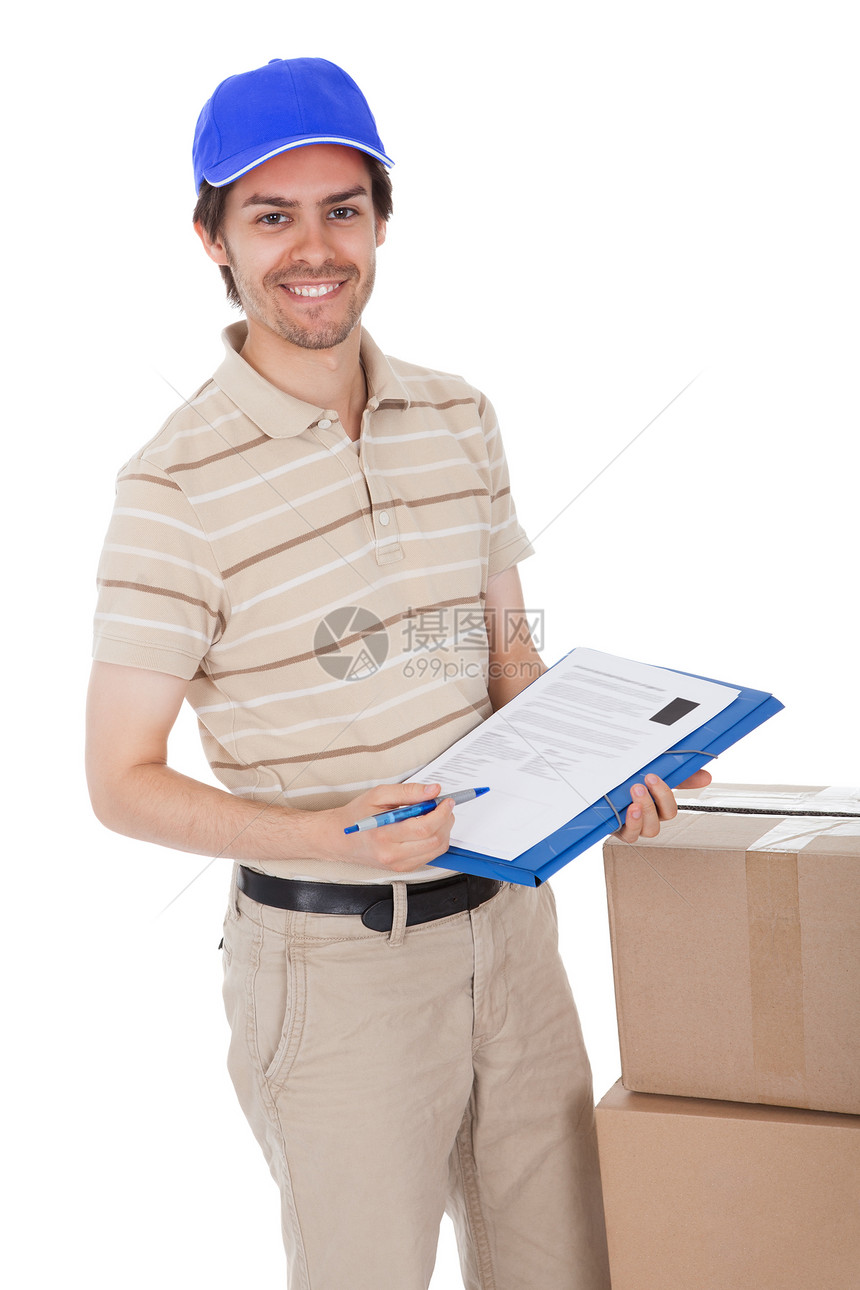 送货员要求签署交货确认书签名工人搬运工衬衫男性文书棕色男人邮政白色图片
