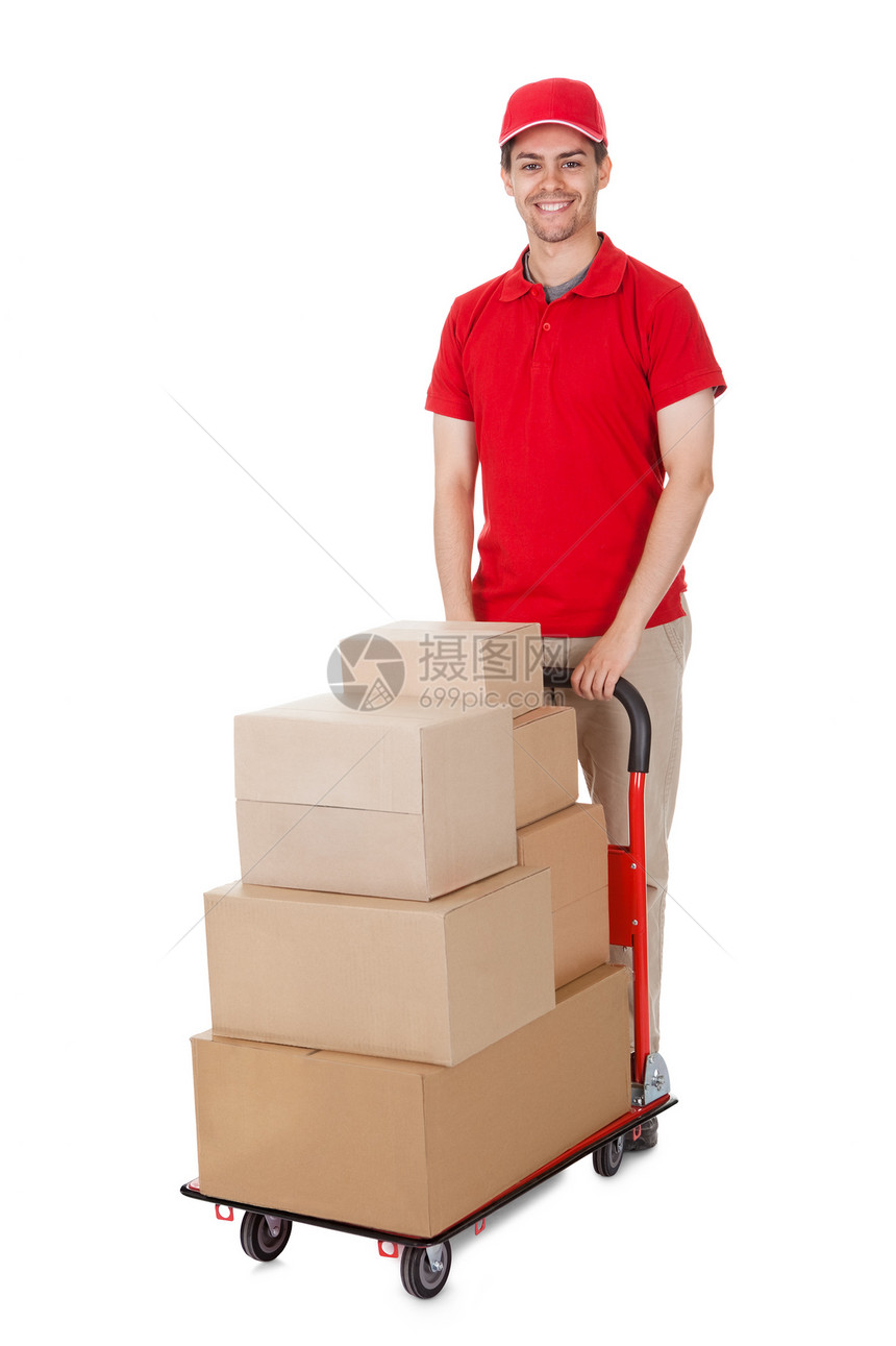 送货员 带一车箱男性货物问候语拖运送货服务司机微笑导游纸板图片